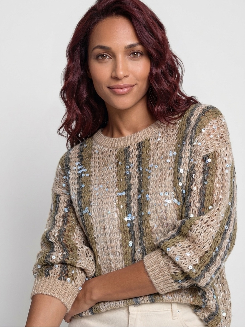 Brunello Cucinelli Sequin Striped Jute Cotton Open Knit Sweater Size M NWT $5300